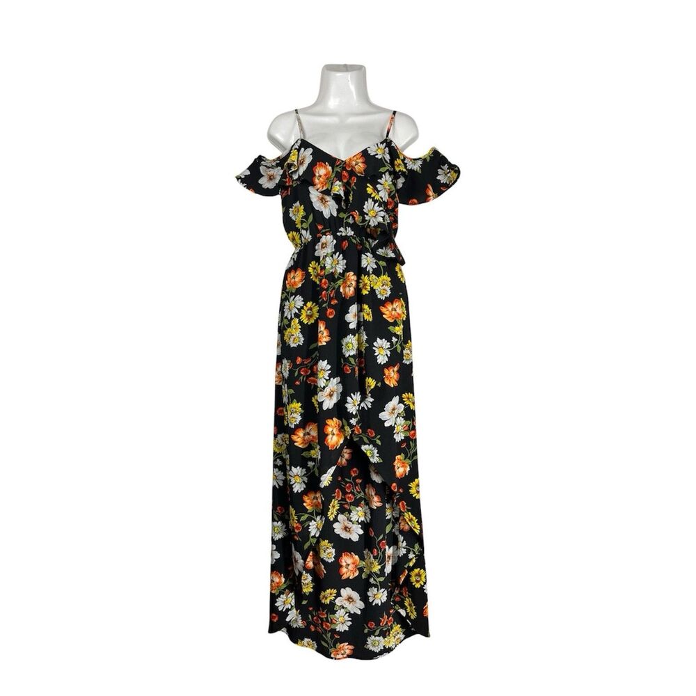 Privy Black Floral Maxi Dress Small Cold Shoulder Hi-Lo Ruffle